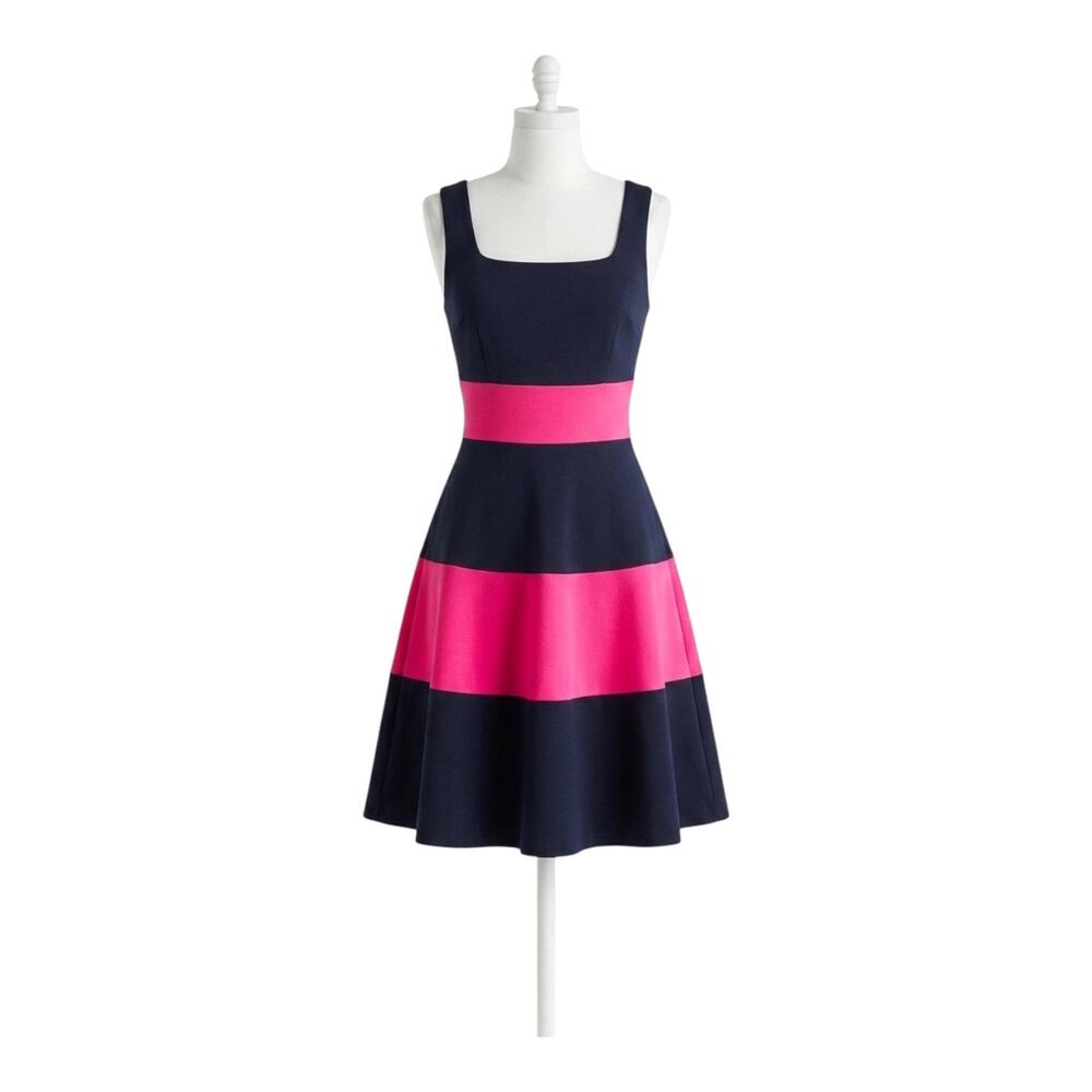 Banana Republic Ponte Fit Flare Dress 6 Navy Pink Rugby Stripe Casual⁠